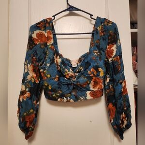 Cider Blue Floral Blouse with Long Sleeves